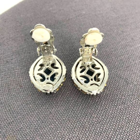 Vintage Blue Stone Silver Gold Tone Clip On Chunky Earrings - Picture 7 of 7